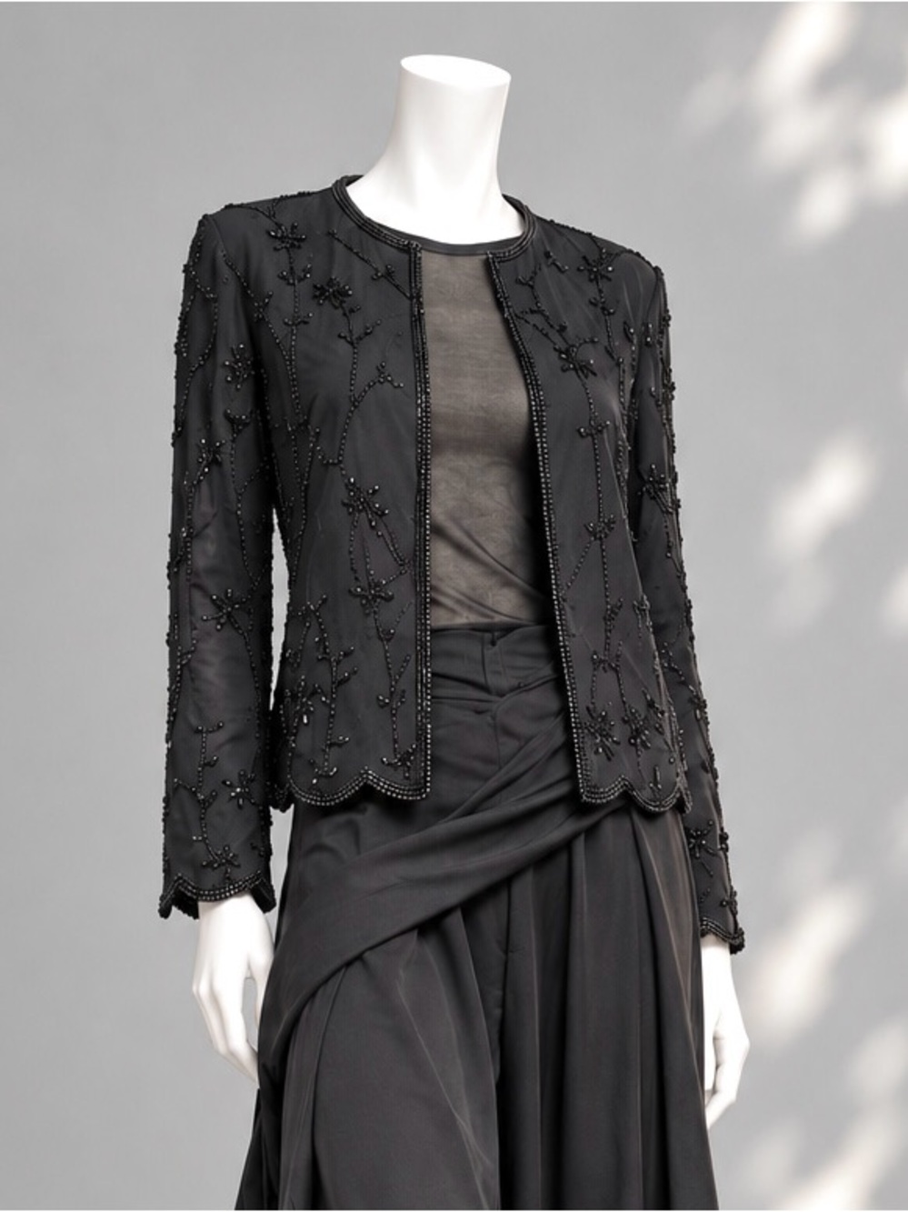Vintage 90s Y2K Black Beaded Silk Jacket S Open Front Evening Whimsigoth Top